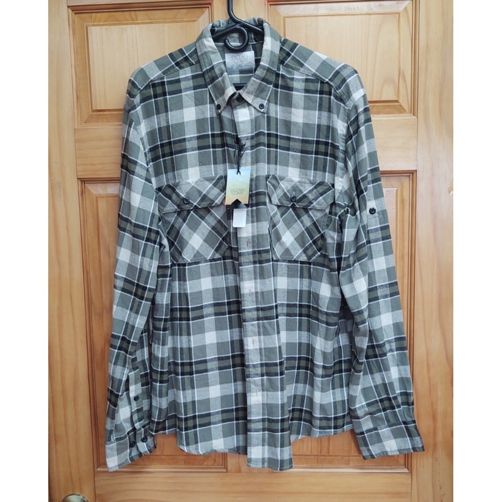 Ocean Coast Mens Flannel Shirt‎ L Green Plaid Performance Button-Up Fishing